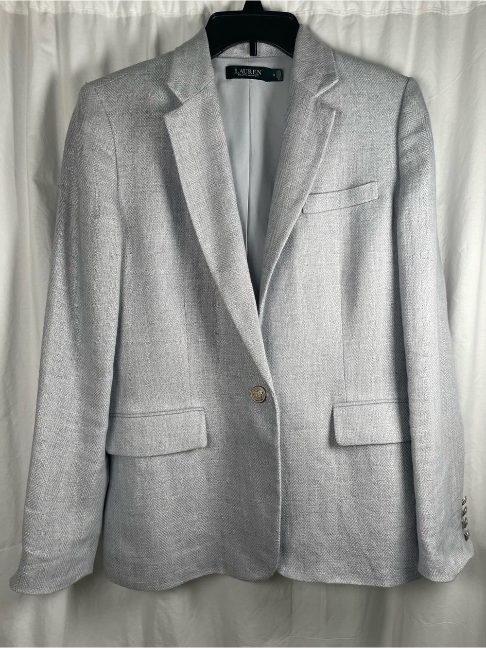 Ralph Lauren Light Blue/Gray Single-Button Herringbone Linen Blazer - Picture 3 of 16